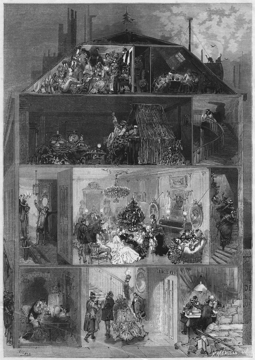 クリスマスイブ：大晦日を祝うための様々な方法を紹介するパリの建物の断面図。1872年10月19日付「Le Monde Illustré」810号に掲載された版画。 作： フランス語学校