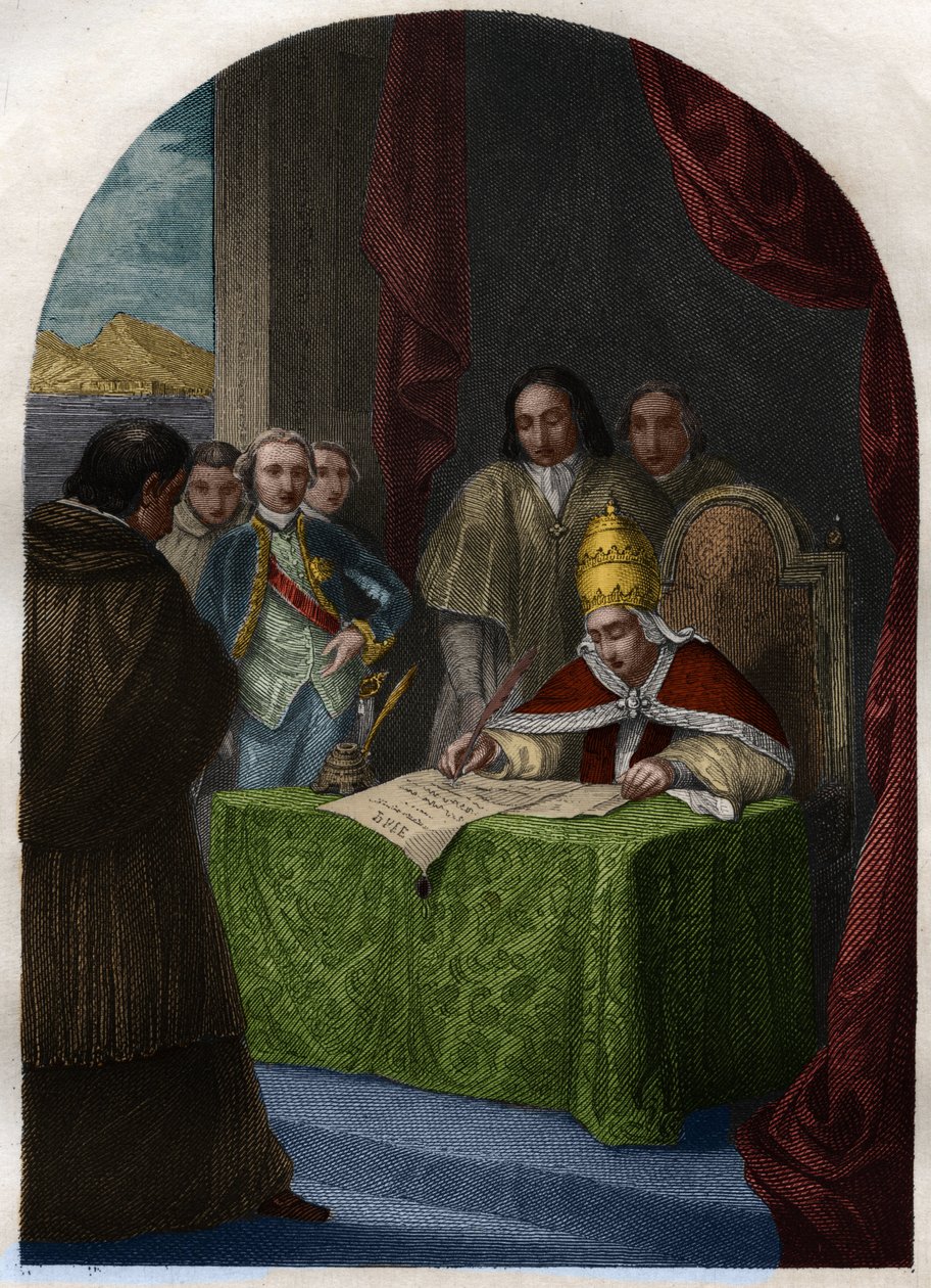 1773年7月21日、イエズス会を廃止するクレメンス14世（1705-1774）。モーリス・ラシャトレ著「教皇の歴史：犯罪、殺人、毒殺、親殺し、姦淫、近親相姦...」に掲載された1842年のエングレーヴィング。個人蔵。 作： フランス語学校
