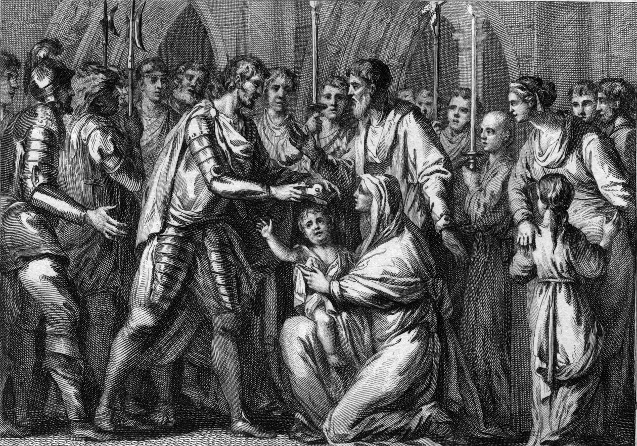 叔父であるオルレアンとブルゴーニュの王ゴントラン1世（545〜592年頃）によってネウストリアの冠王となったクロテール（クロタイア）2世（584〜628年）は、若き日の名で知られています。母である王妃フレデゴンデ（545〜597年頃）が彼を抱きかかえている。584.18世紀のエングレーヴィング。 作： フランス語学校