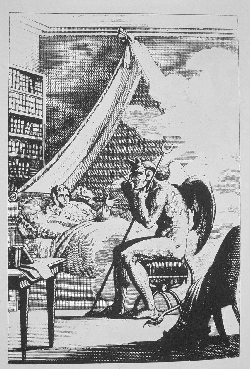 19世紀後半に公開された魔法の歴史に描かれたルディアブルペイントパールイミーム（1825）の、悪魔との会話をするコリンデプランシー（1793-1887） 作： フランス語学校