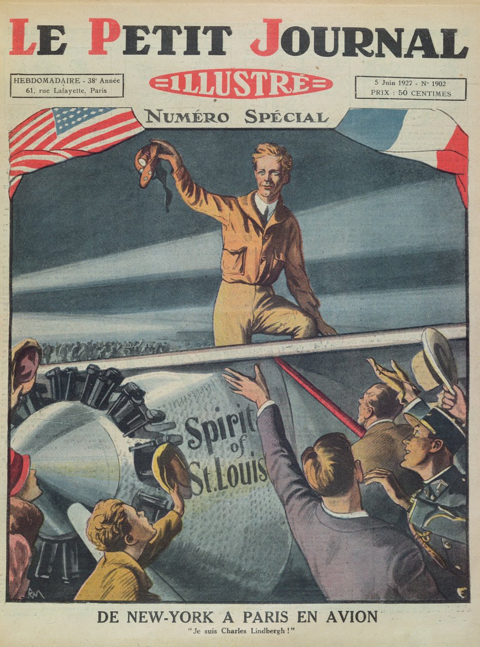 1927年5月21日のニューヨークからパリへの最初の大西洋横断飛行の後、ルブルジェ空港に到着したチャールズリンドバーグ大佐（1902-74）、1927年6月5日、ルプチジャーナルの表紙（col 作： フランス語学校
