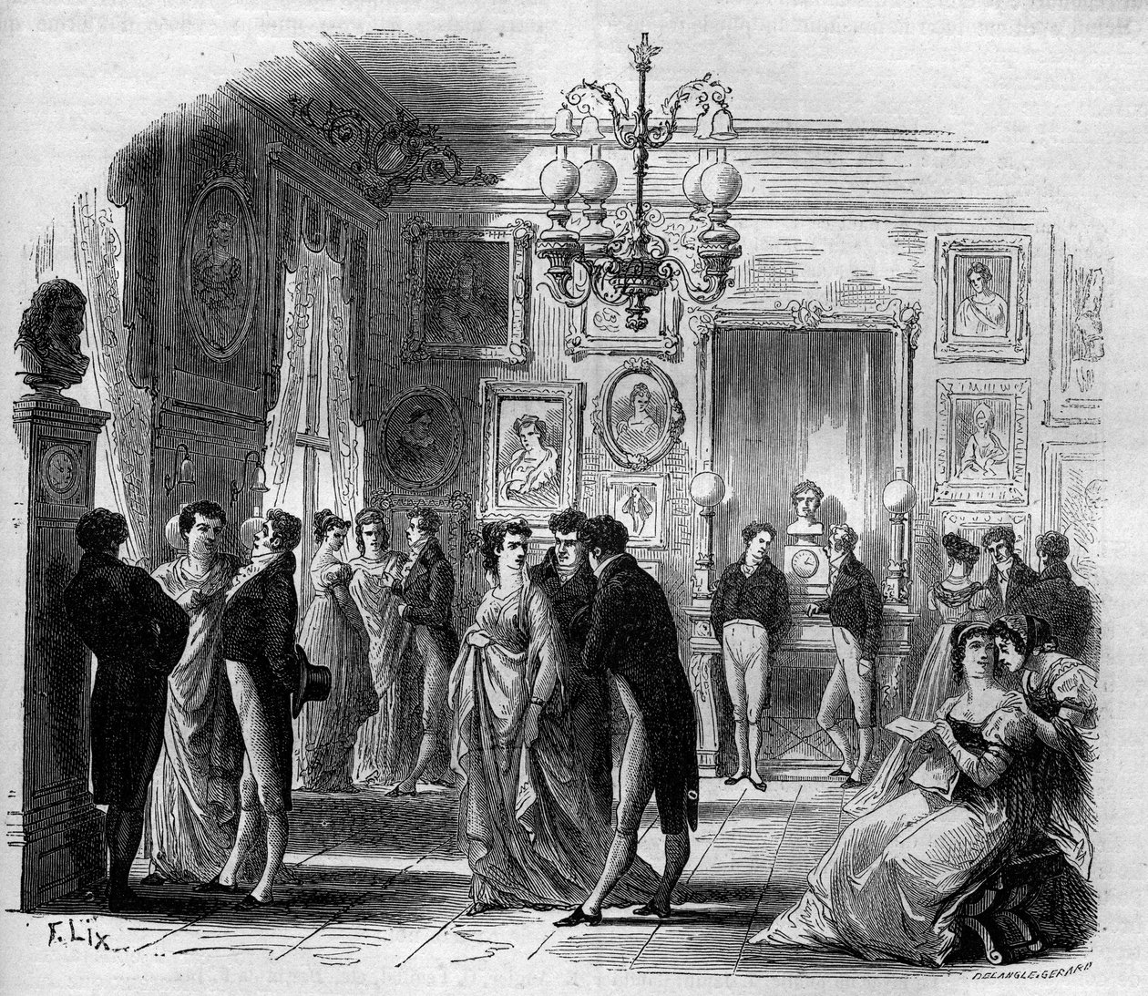 コメディ・フランセーズ：フランスのコメディアン、フランソワ・ジョゼフ（Francois Joseph）タルマ（1763～1826）とアンヌ・ブーテ（Anne Boutet, dit Mademoiselle Mars）（1779～1847）がいる芸術家のホワイエの風景。1867-1868年のエングレーヴィング。 作： フランス語学校