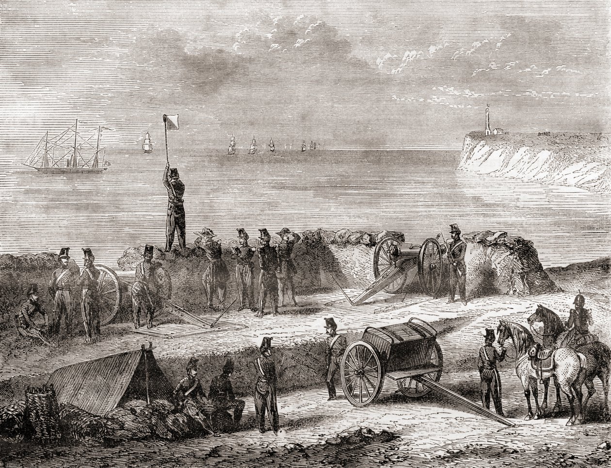 1870年頃に出版された『Les Merveilles de la Science』（エングレーヴィング）より、入港する船と上陸した軍隊の間で旗信号電信システムを使って交信する様子。 作： フランス語学校