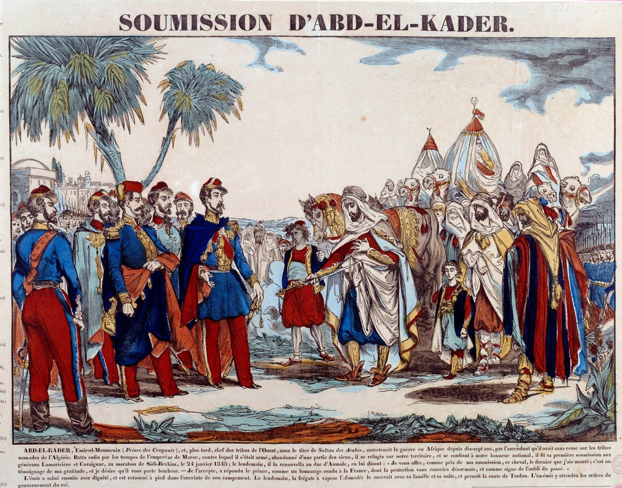 アルジェリアのコンケルト（1830年～1847年）：アブド・エル・カーダー（Abd-el-Kader or ibn Muhyi al-Din al-Hasani）（1807年～1883年）が1848年1月24日にオマール公爵とフランス軍に服従する様子。19世紀末のエングレーヴィング 個人蔵 作： フランス語学校