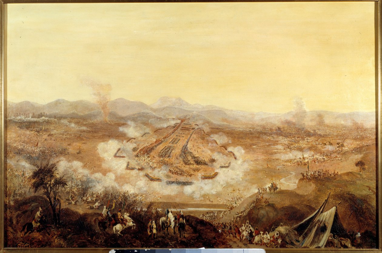 アルジェリアのコンケーテ。「1844年8月16日のアイズリーの戦いでは、アブド・エル・カーダーを支持するモロッコ人とフランス人が対峙している」フランス派の絵画。1844年パリ、軍隊博物館（Musee de l