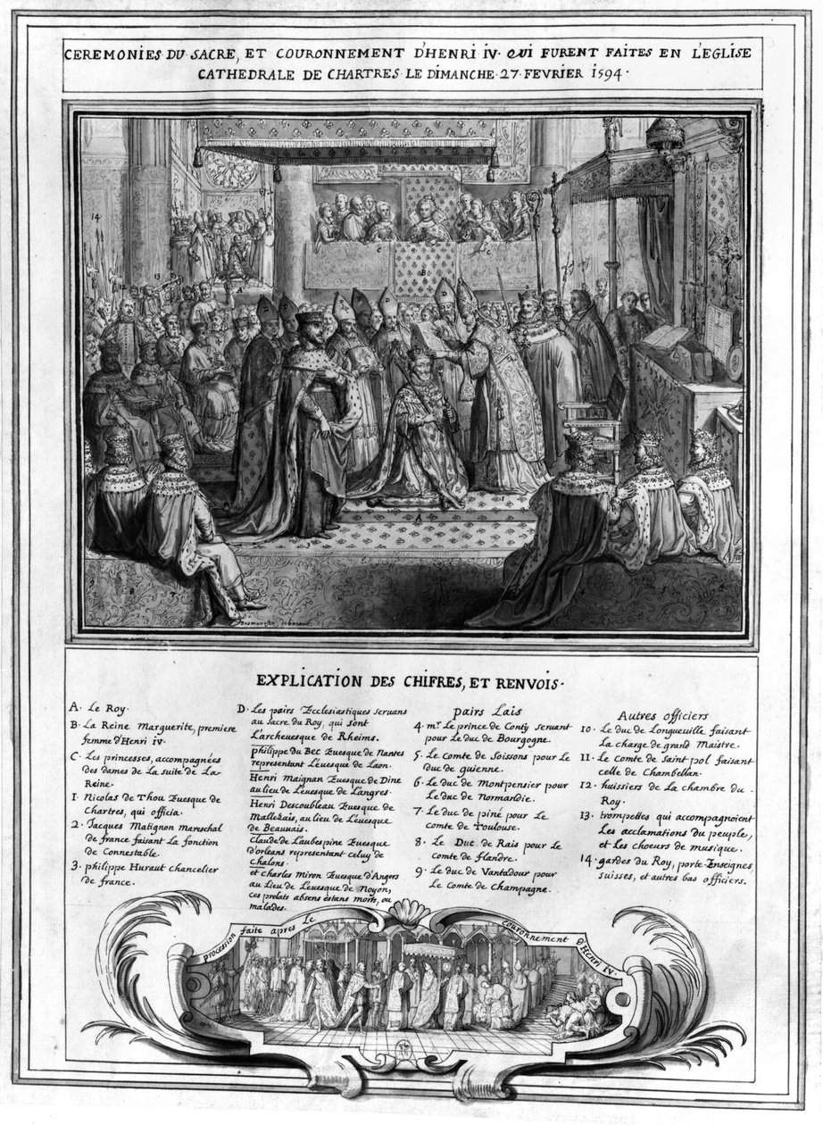 1594年1月27日、16世紀後半のシャルトル大聖堂でのアンリ4世（1553-1610）の奉献と戴冠 作： フランス語学校
