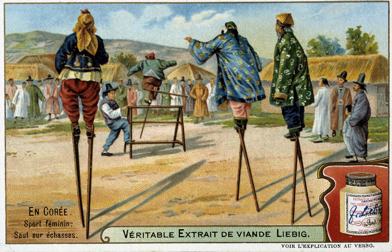 Coree：竹馬でジャンプする女性のスポーツ - Chromo Liébig, v.1900 作： フランス語学校