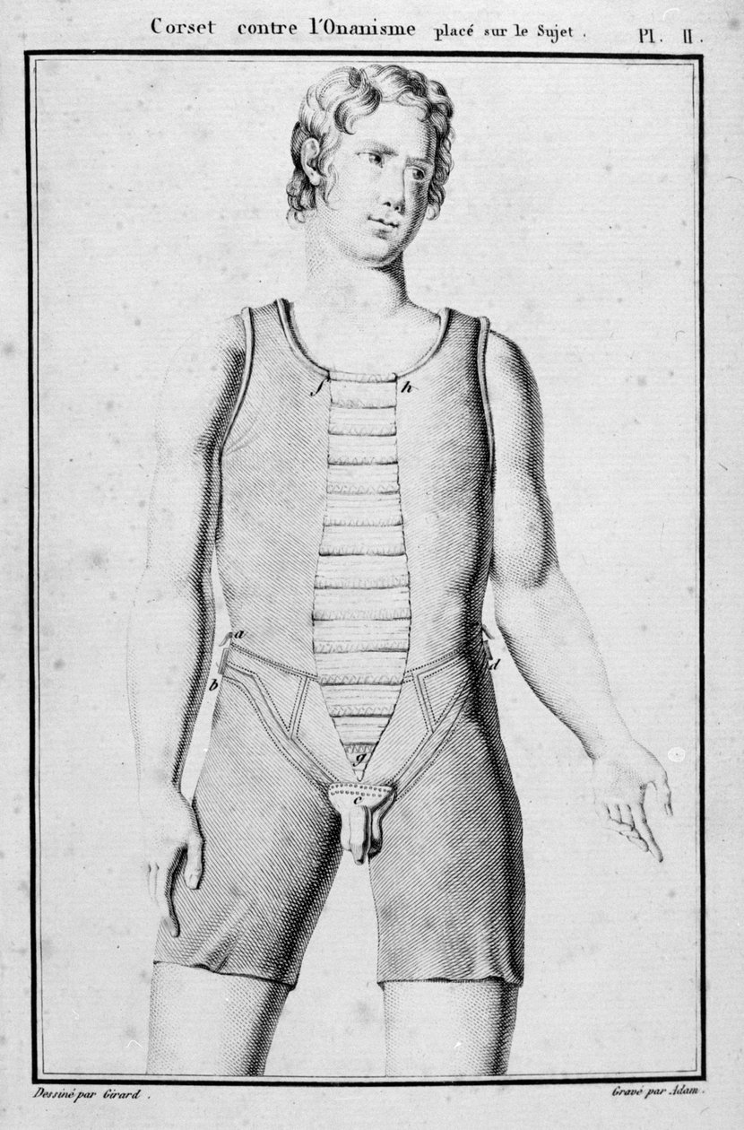 手淫を防止するためのコルセット、1815年に出版されたパリのJBJティレーエによるTraite des bandages et espacesのイラスト 作： フランス語学校