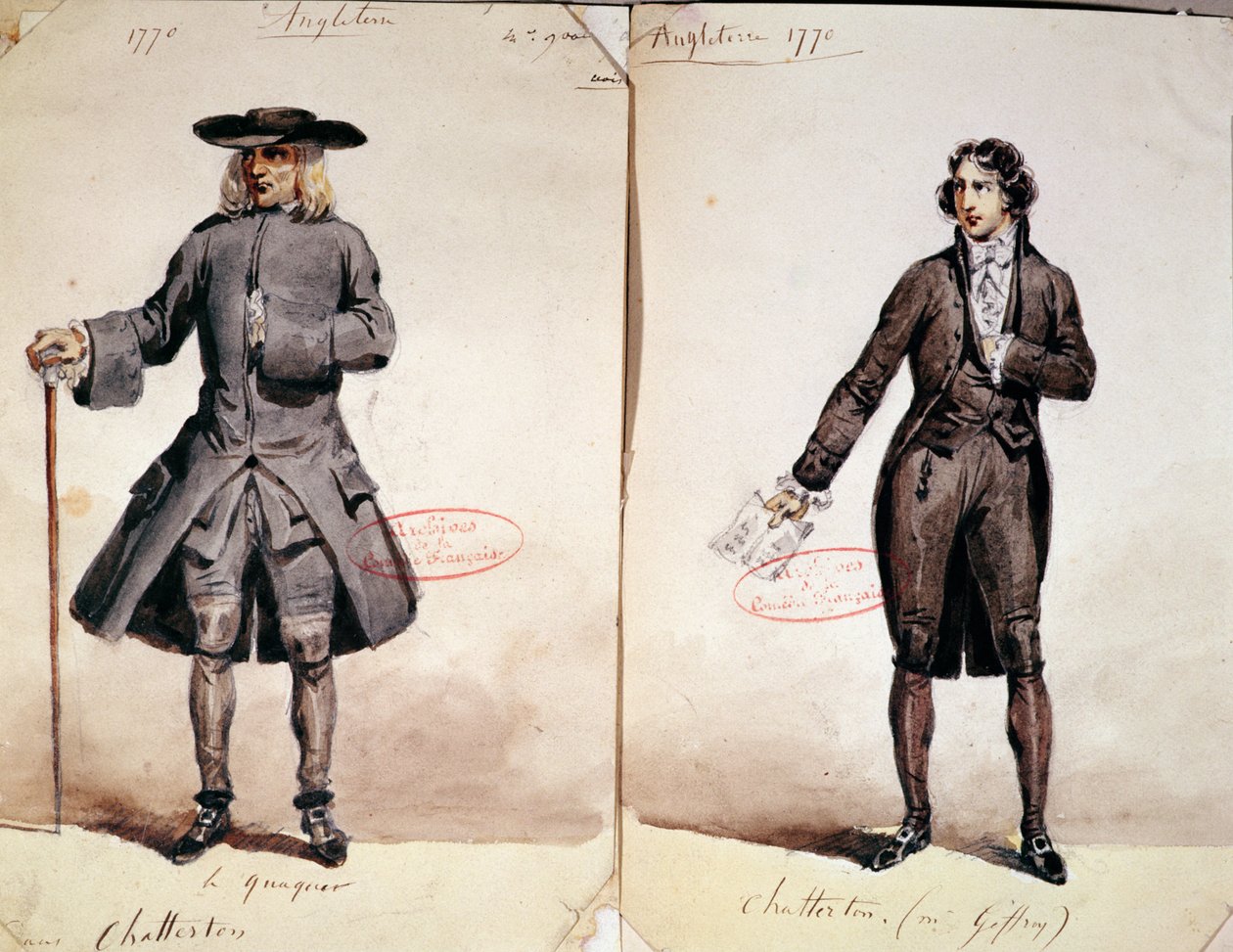 アルフレッド・ド・ヴィニー（1791-1863）による最初のChatterton制作のための衣装デザイン：QuaterとGeffroy、Chattertonとして1835（紙にトイレ） 作： フランス語学校