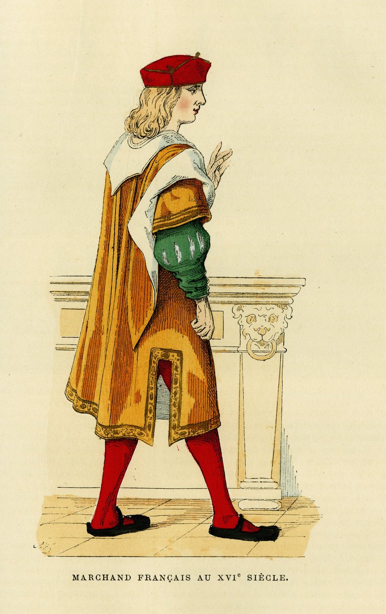 17世紀のフランス商人の衣装。オーギュスタン・シャラメルの「France et les francais a travers les centuries」（F.Roy編集、パリ、1882年）所収のカラー・エングレーヴィング。セルヴァ・コレクション。 作： フランス語学校