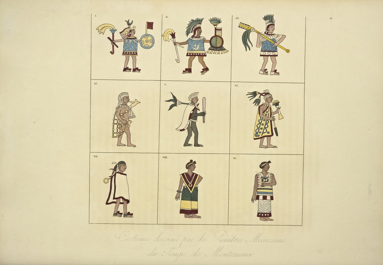モンテスマの時代のメキシコの画家によって設計された衣装、コルディジェラの眺めとアメリカ先住民の記念碑からのイラスト、アレクサンダーフォンフンボルトとエイムボンプランド、1 作： フランス語学校