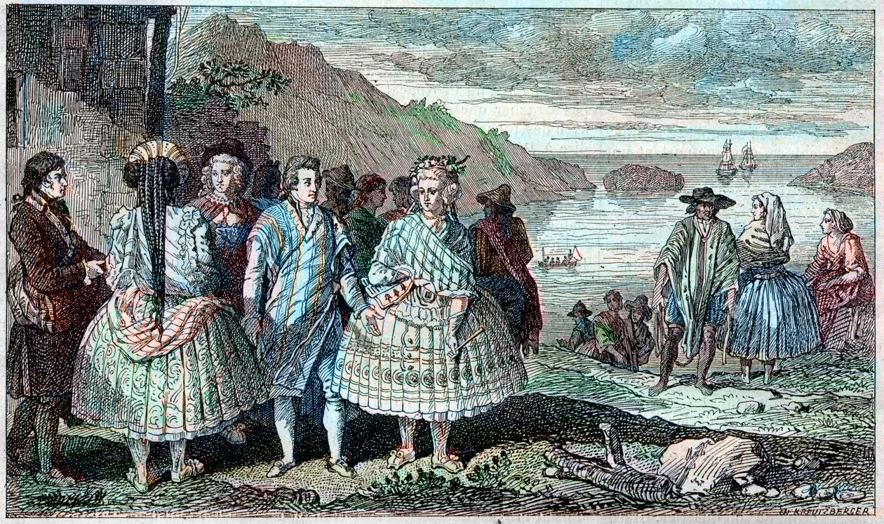 ラ・コンセプション（チリ）の住民の衣装 - Atlas du Voyage de La Perouse (Laperouse) 1785年から1788年の間に世界中を旅した、1797年のパリ。 作： フランス語学校