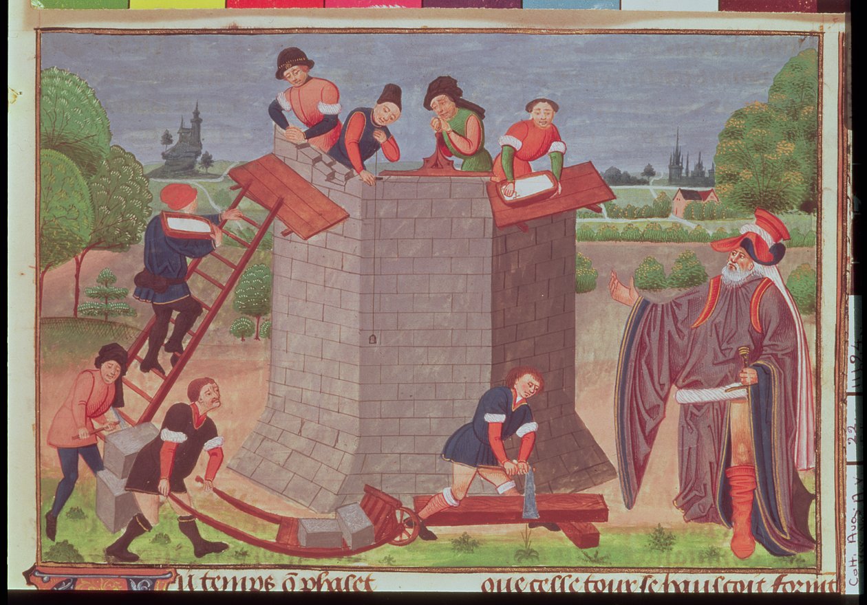 Cott Aug V fol.22 バベルの塔の建設、「Le Tresor des Histoires」のミニチュア (ベラム) 作： フランス語学校