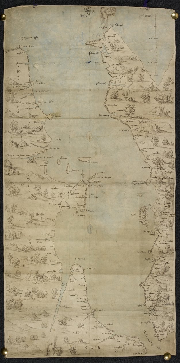 Cotton Augustus I ii f.65 イギリス海峡の地図 (イギリス南海岸とフランス北海岸) by Jean Rotz 作： フランス語学校