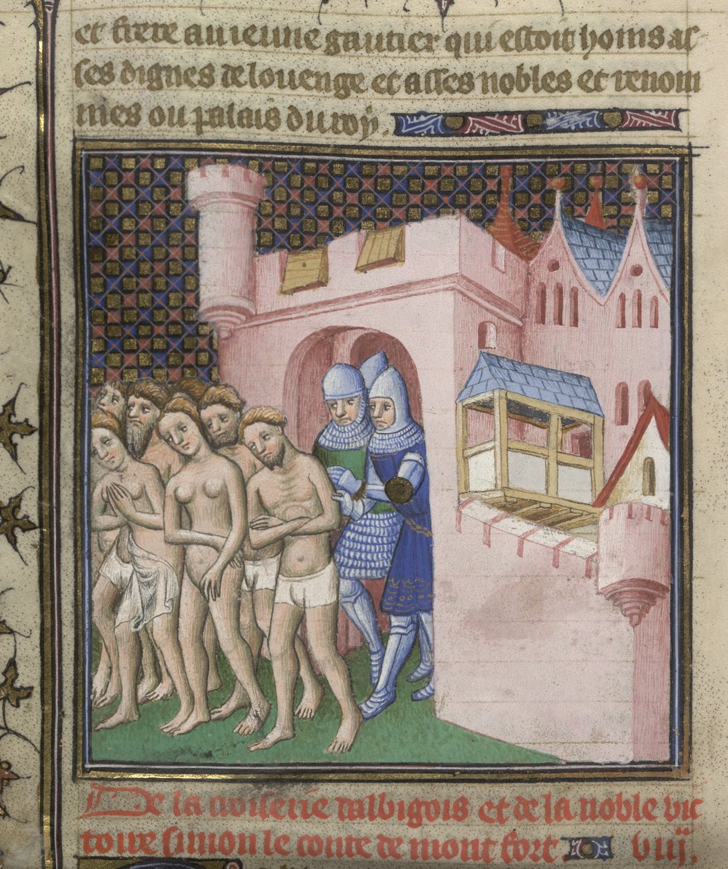 Cotton Nero E. II pt.2、f.20v 1209年のカルカソンからのアルビジョア人の追放、「Grandes Chroniques de France」、1415年頃（紙にインク、色、金） 作： フランス語学校