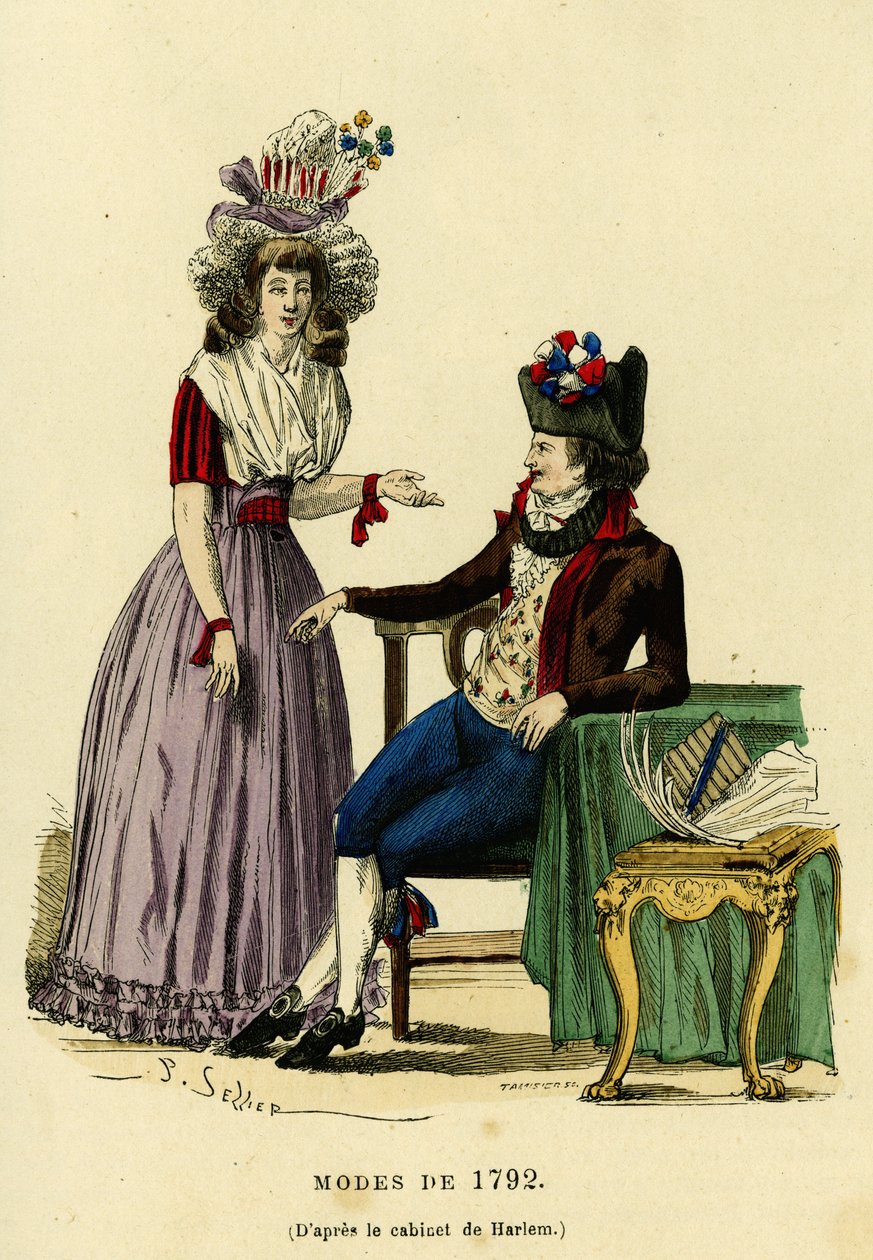 1792年に流行したカップル。1882年にパリで出版されたAugustin Challamel, F.Roy編集の「France et les francais a travers les siecles」に掲載されているハーレムのキャビネットの図面に基づくカラー・エングレーヴィング。セルバ・コレクション。 作： フランス語学校