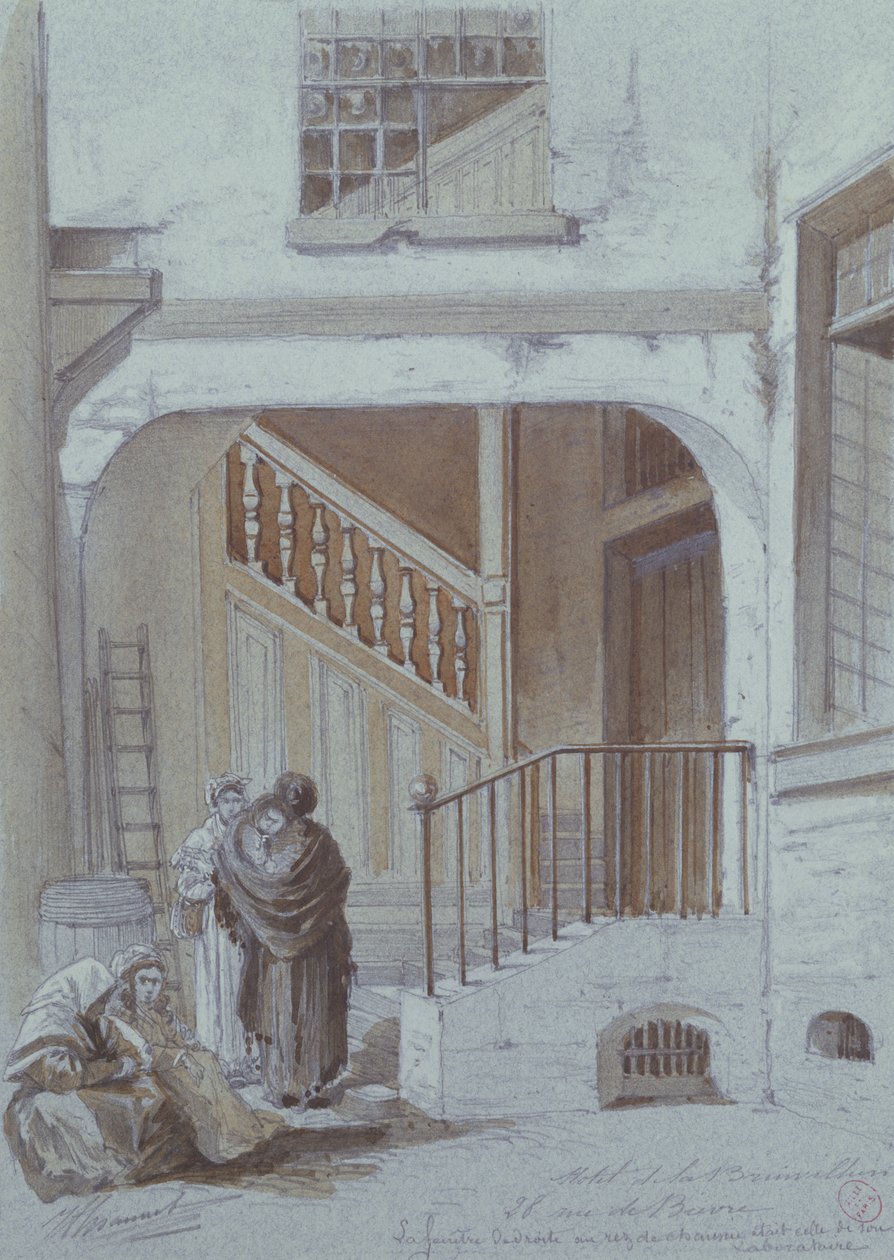 中庭と侯爵夫人の研究室、28 rue de Bievre、パリ（チョーク＆ガッシュ紙） 作： フランス語学校