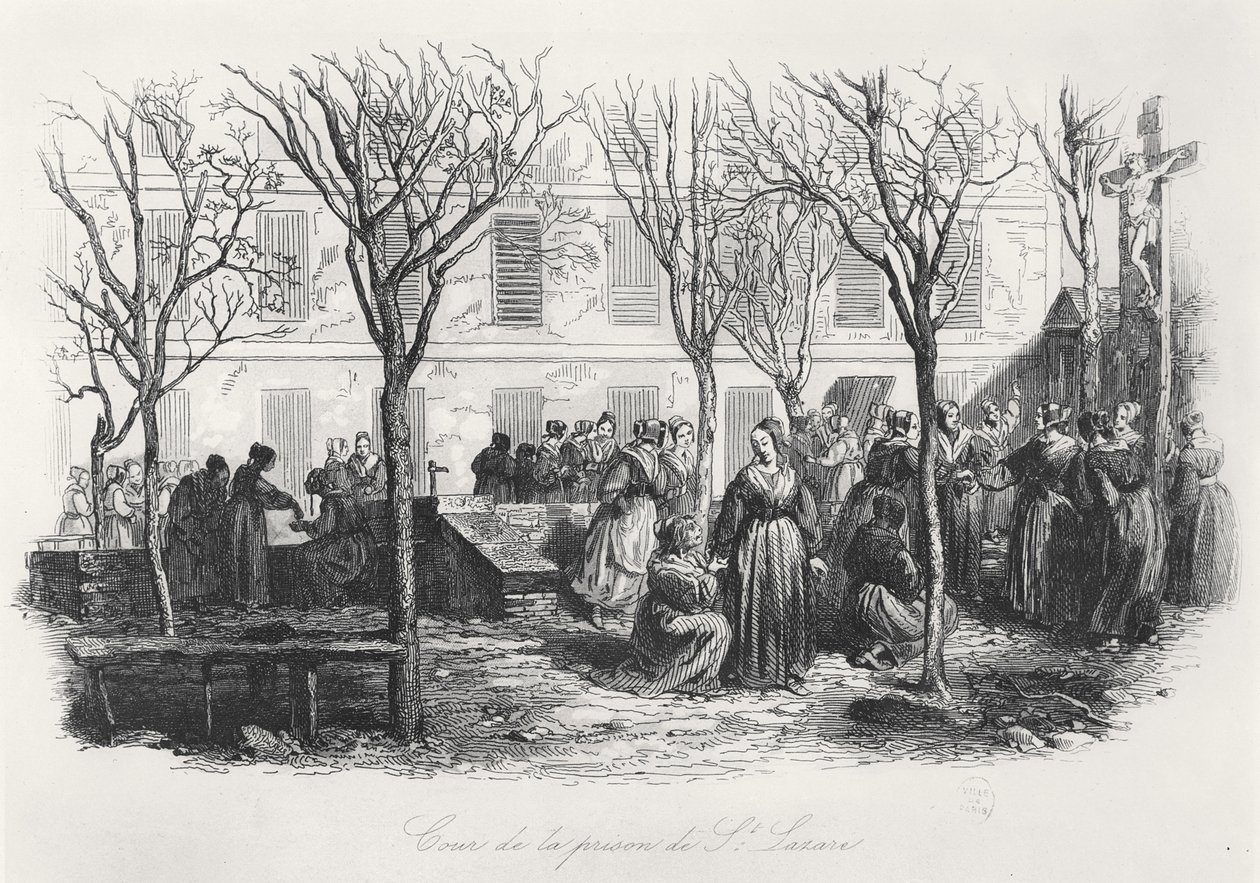 パリ聖ラザール刑務所の中庭、c。 1840 作： フランス語学校