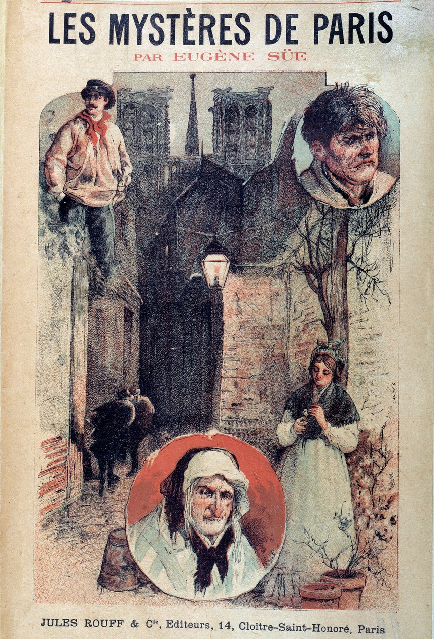 Eugene Sue (1804-1857)の「Les mysteres de Paris」の表紙、パリの路地や人物が描かれています。 作： フランス語学校