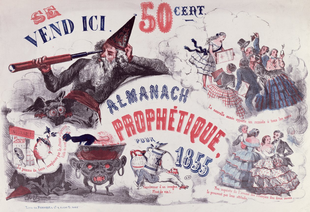ノストラダムスを描いた預言年鑑の表紙、1855 作： フランス語学校