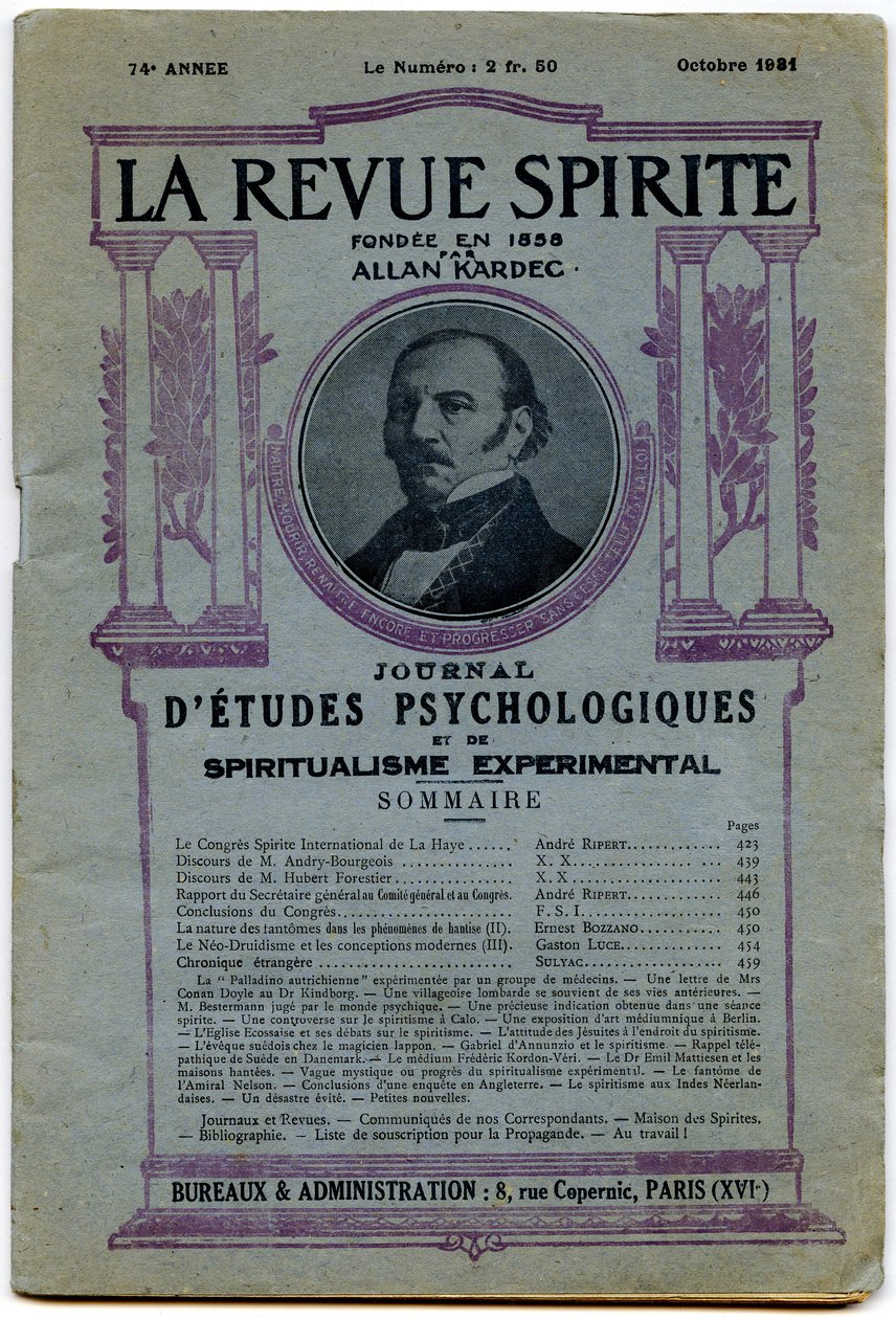 数々の「Larevuespirite」の表紙、創設者のアラン・カルデックの肖像、1931年10月の雑誌 作： フランス語学校