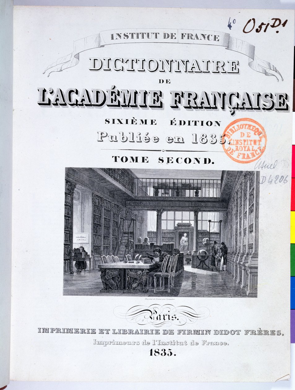 アカデミーフランセーズディクショネールの表紙、1835年 作： フランス語学校