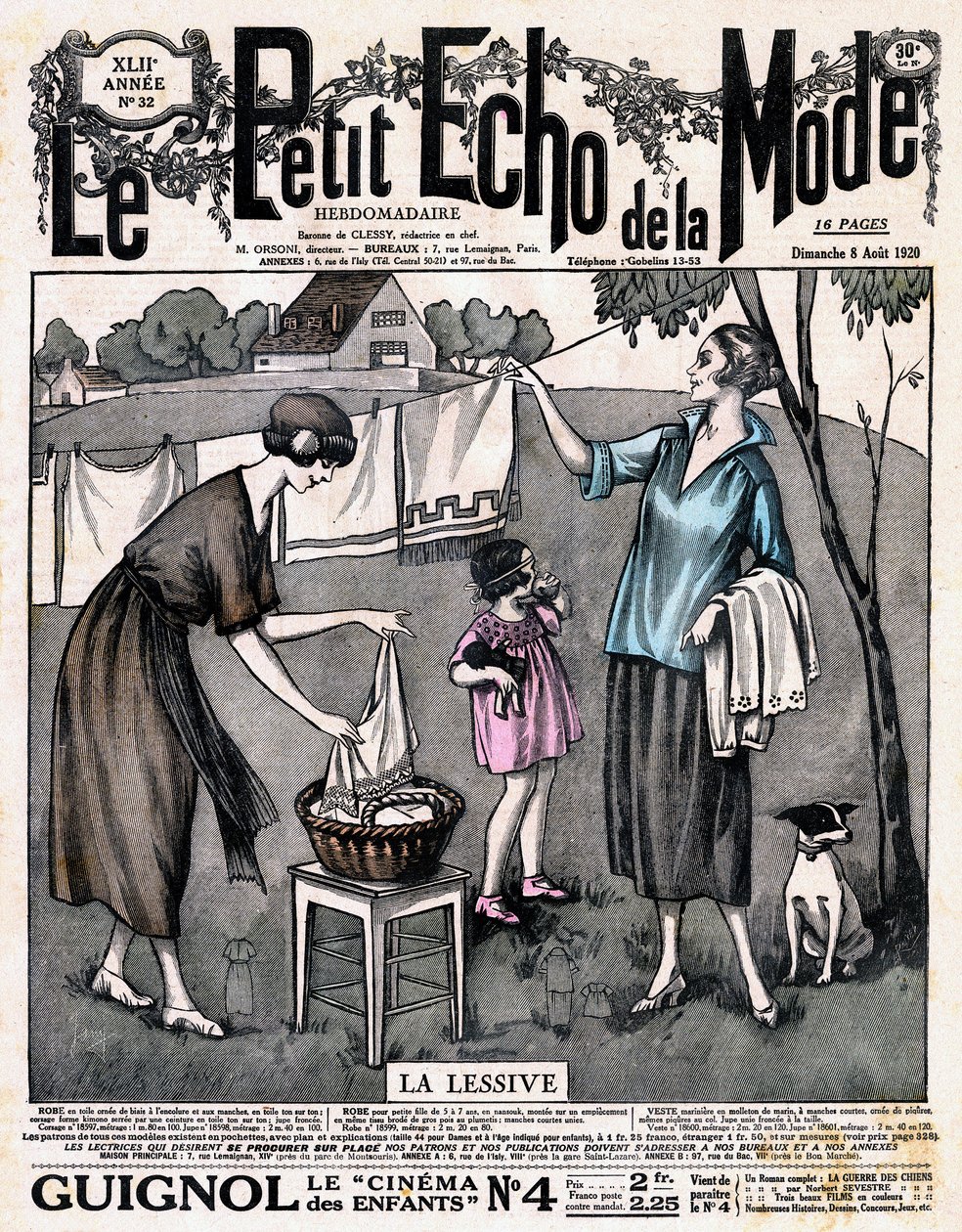 新聞の表紙 "" Le petit echo de la mode "" la detergent - 少女と犬を連れた2人の女性が、外の糸で乾かしたリネンを広げる、8月8日のn°32 作： フランス語学校