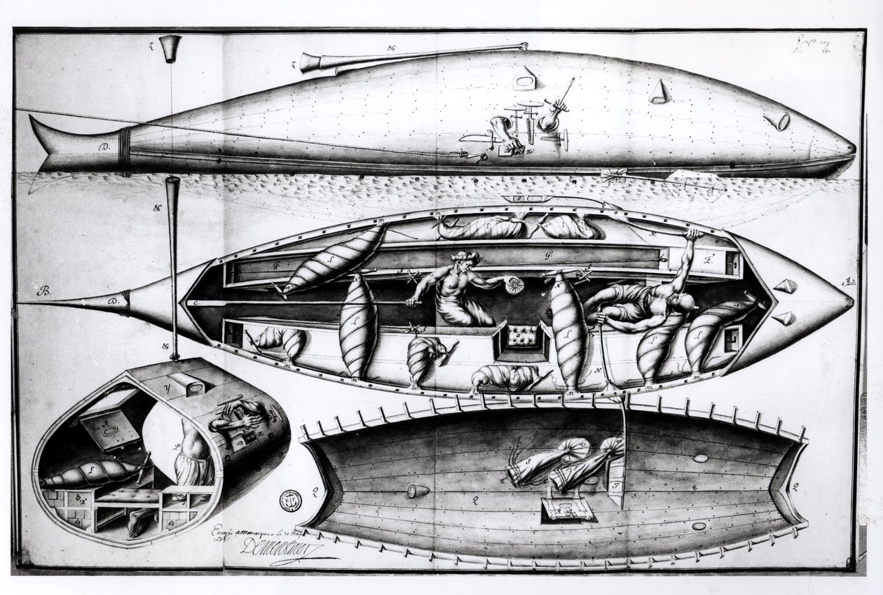 潜水艦の断面、1689年3月の原稿より 作： フランス語学校