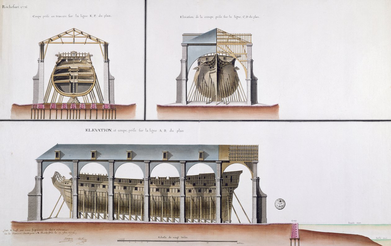 船の断面と標高、1776年（ペンとインク、紙のトイレ） 作： フランス語学校