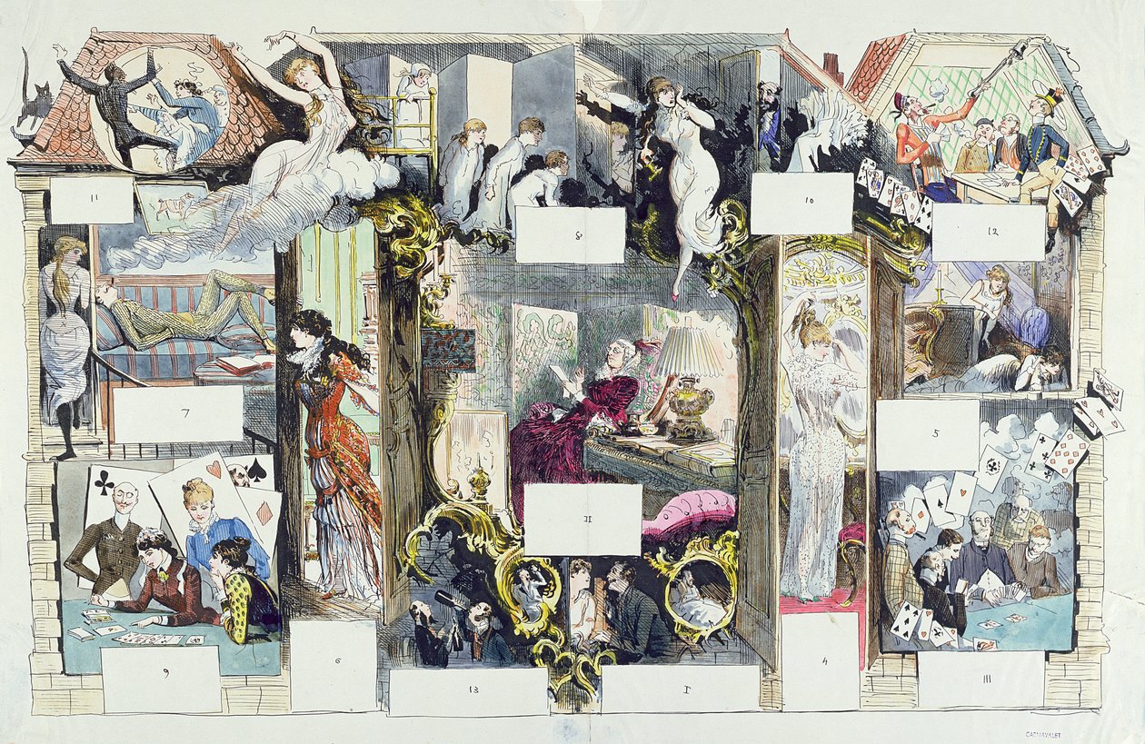 パリの家の断面図、ラヴィパリジェンヌのイラスト、1875年頃（カラー彫刻） 作： フランス語学校