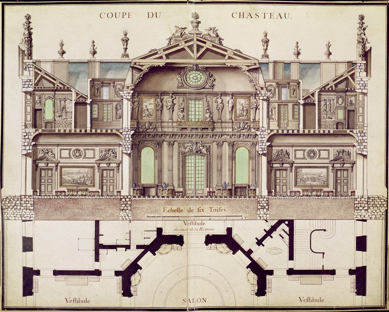 マルリー城の断面図、1714年 作： フランス語学校