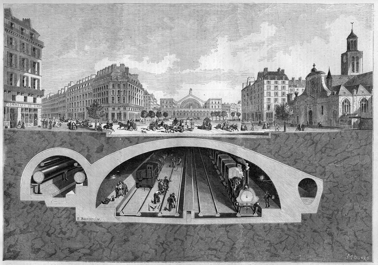 1861年にパリで行われたヴィレットから中央ホールまでの地下鉄道計画を表す断面図。1861年5月11日付「Le Monde Illustré」213号に掲載された図版。 作： フランス語学校