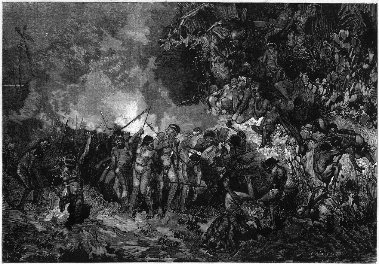 ニューカレドニアの風習。カナックの伝統的な踊り、ピルー・ピルー（Pilou-pilou）。1872年1月27日付「Le Monde Illustré」第772号に掲載されたエングレーヴィング。 作： フランス語学校