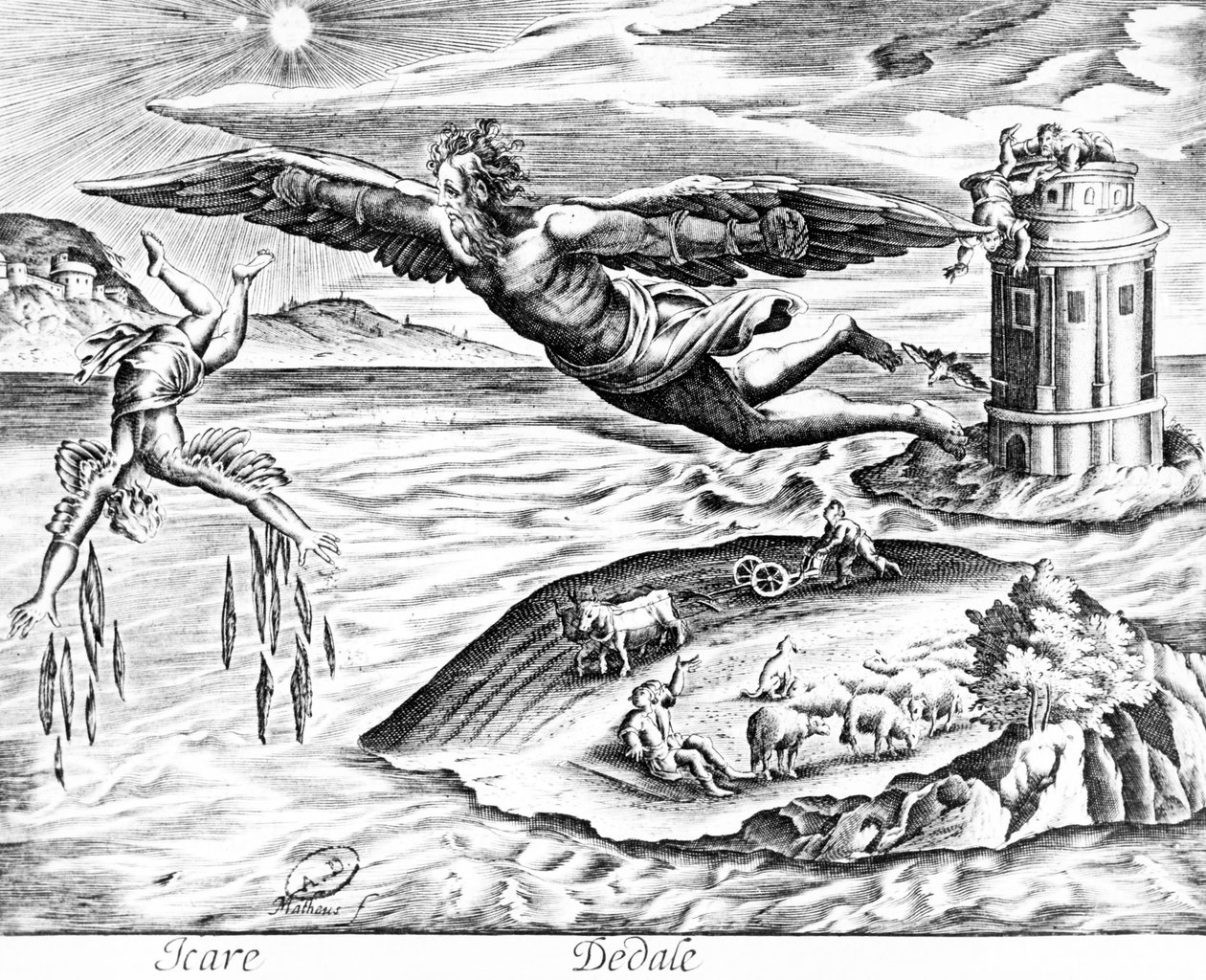 ダイダロスが息子のイカルスと一緒にクレタ島から脱出したとき、彼は1619年に彼の死に落ちた 作： フランス語学校