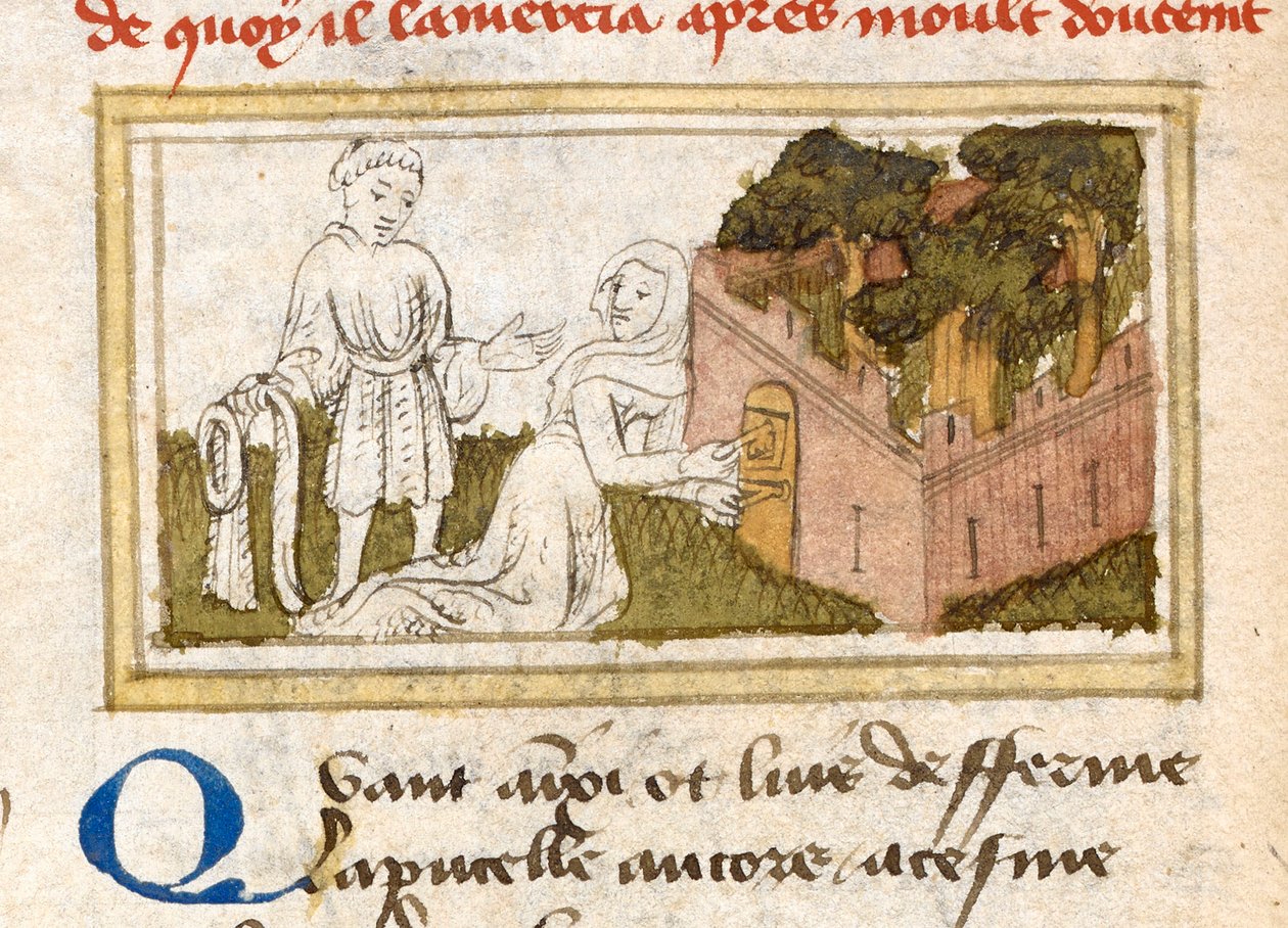 「ル・ロマン・ド・ラ・ローズ」より、喜びの庭のドアから恋人を認めるオワーズ夫人 c. 1400。 作： フランス語学校