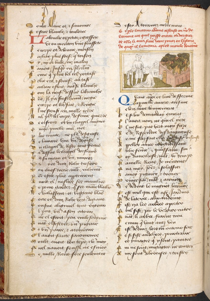 Dame Oiseuse päästää rakastajan sisään Nautintojen puutarhan ovista, Le Roman de la Rosesta c. 1400. 作： フランス語学校