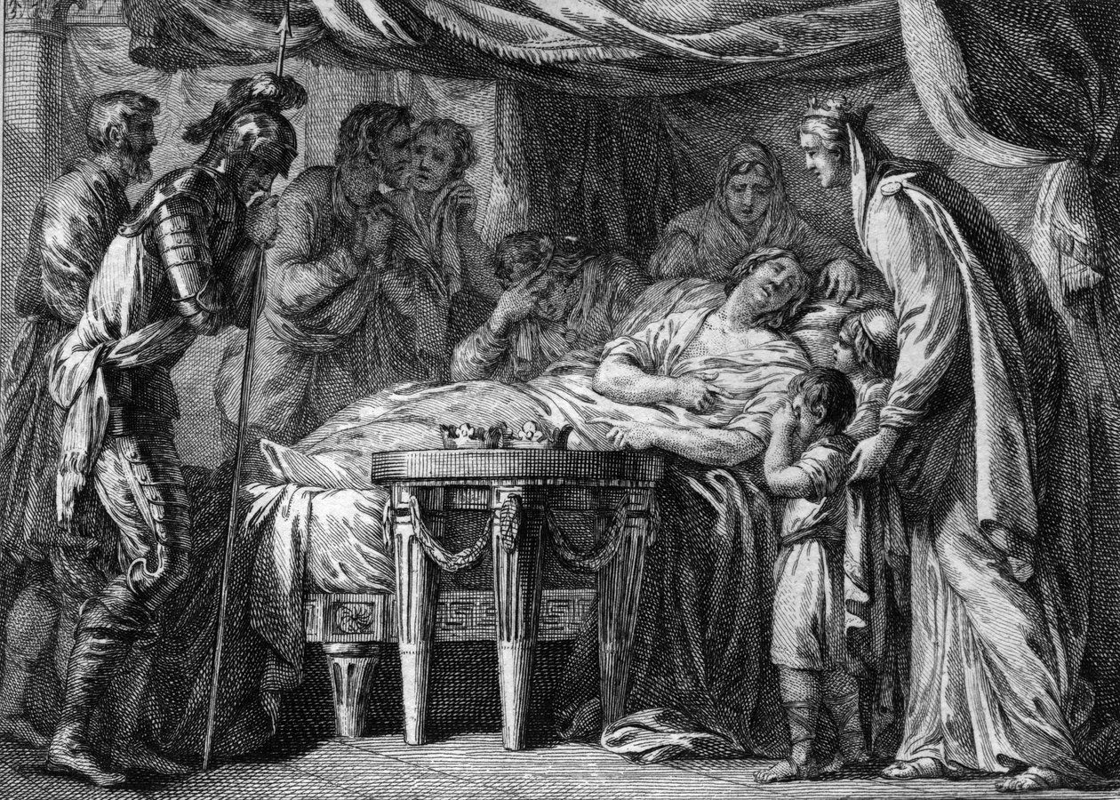 Neustria、Orleans、Burgundyの王、Childebert II (570-596)が毒殺されて死去。596.18世紀のエングレーヴィング。 作： フランス語学校