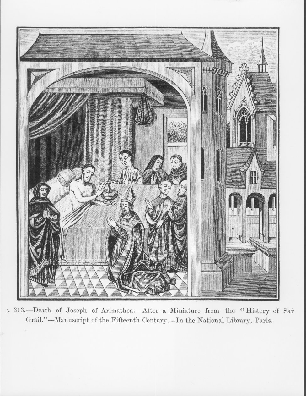 セントグラールの歴史からのアリマテアのジョセフの死、中世の科学と文学およびルネサンスのイラスト、1878年のポールラクロワによって書かれ彫刻された（ 作： フランス語学校