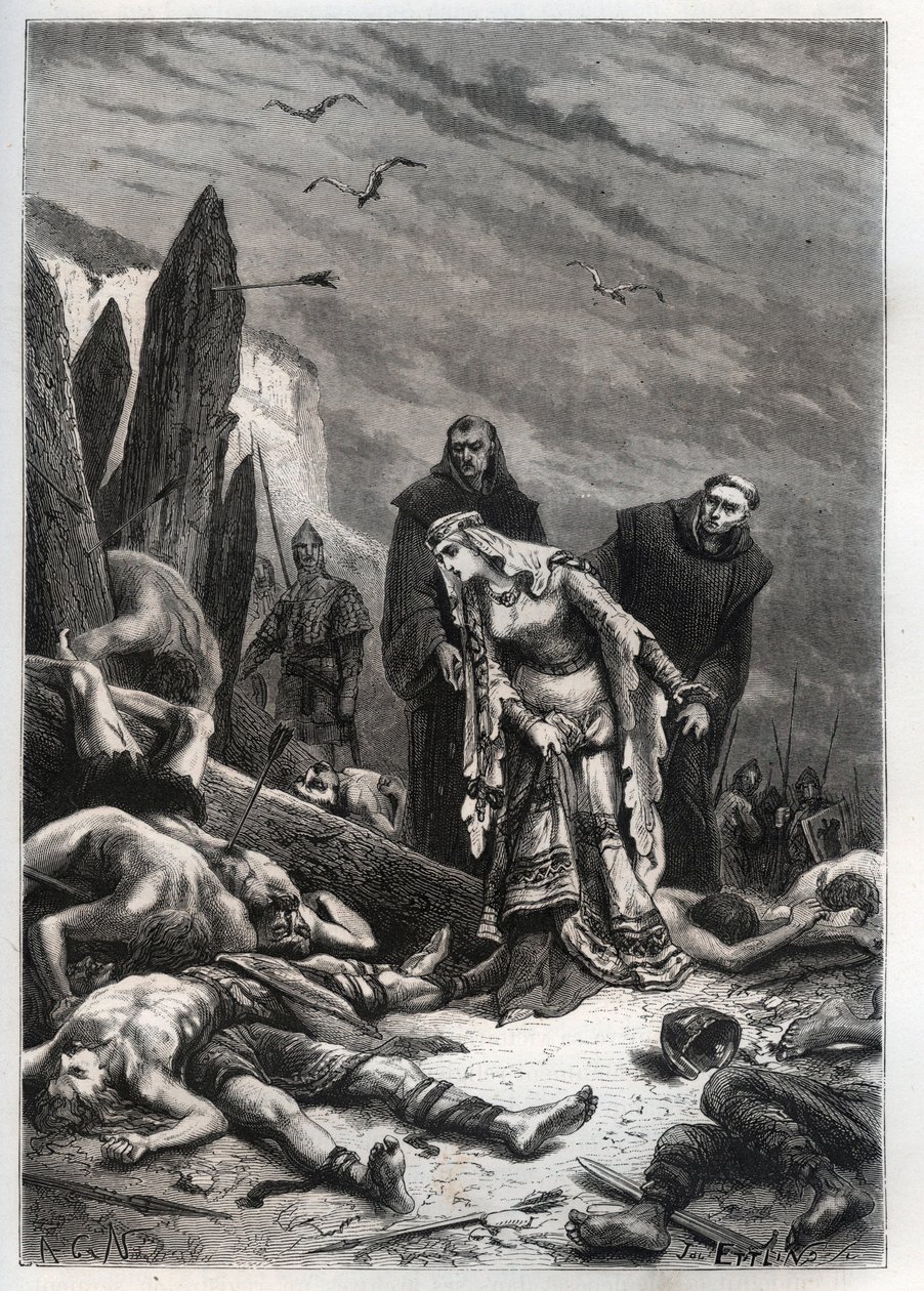 Tod von König Harold II. (1022-1066) in der Schlacht von Hastings im Jahr 1066 - Edith Swannesha (Schwanenhals), bekannt als Edith die Gerechte (1025-1086), entdeckt den Körper ihres Mannes - Ealdgyth (Edith die Schöne oder Edith Schwanenhals), entdeckt de von French School