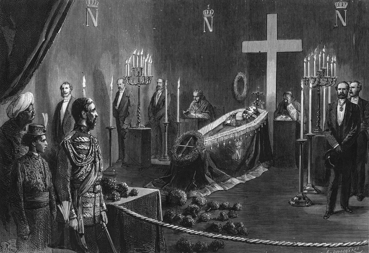 ナポレオン3世の死：1873年2月14日、カンブデン・ハウスの燃えるようなチャペルにナポレオン3世の遺体がある。 作： フランス語学校