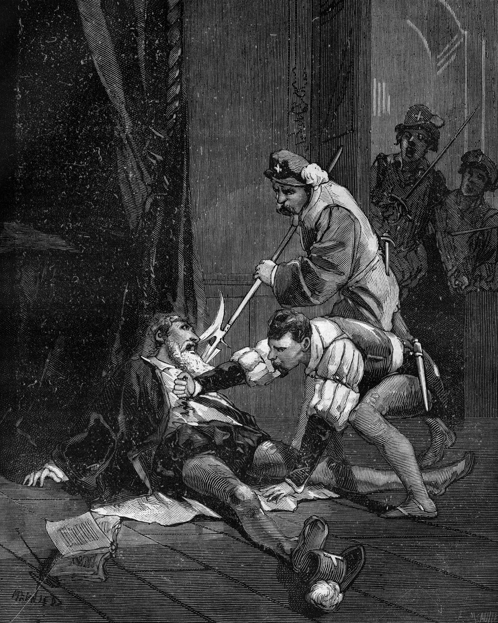 ペトルス・ラムスの死Pierre de La Ramee ヒューマニスト、フランスの数学者・哲学者（1515 -1572）。 作： フランス語学校