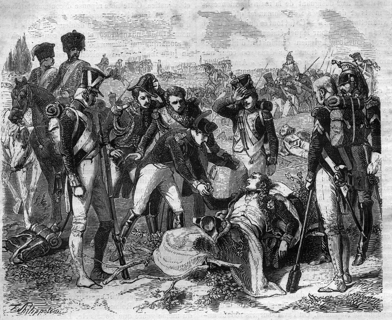 エスリングにおける帝国の牧童ジャン・ランヌ（1769-1809）の死。モーリス・ラシャトレ著「Histoire des Papes-Rois-Queen and Empereurs a travers les centuries」に掲載されている版画。 作： フランス語学校