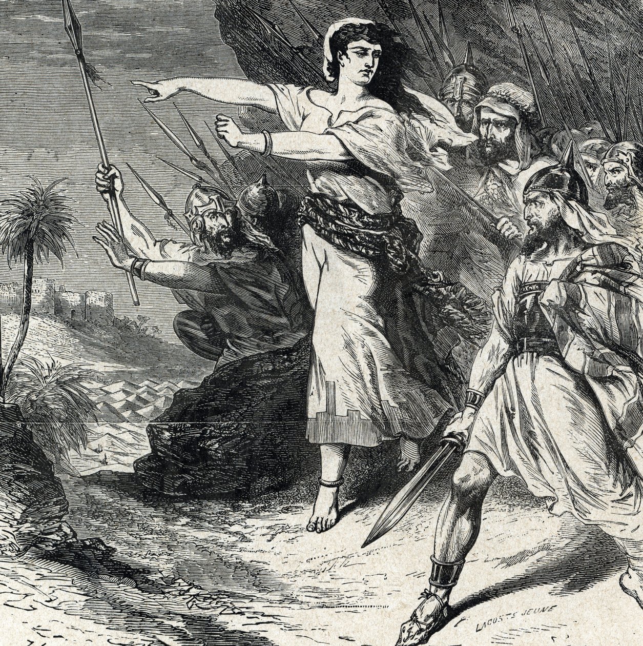 Débora lidera o povo de Israel oprimido por Jabim, o rei de Canaã, para lutar. Gravura da 