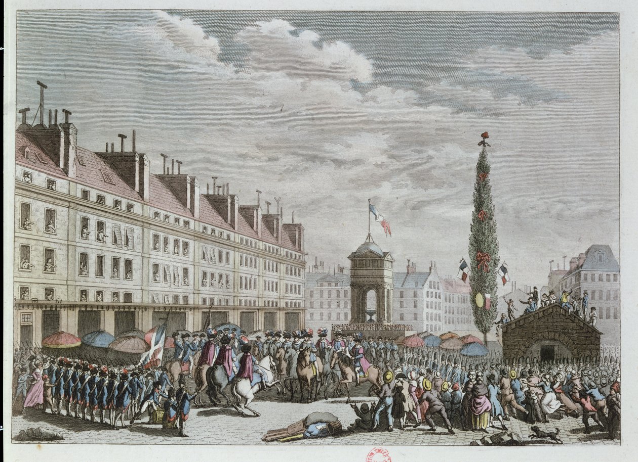 1791年9月、憲法宣言、パリ、イノセント広場、パリ（カラー彫刻） 作： フランス語学校