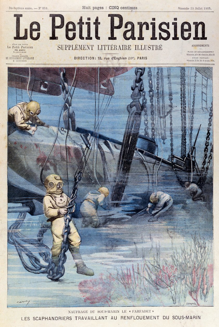 1905年7月23日、ルプティパリジャンからファーファデを上げようとする深海ダイバー 作： フランス語学校