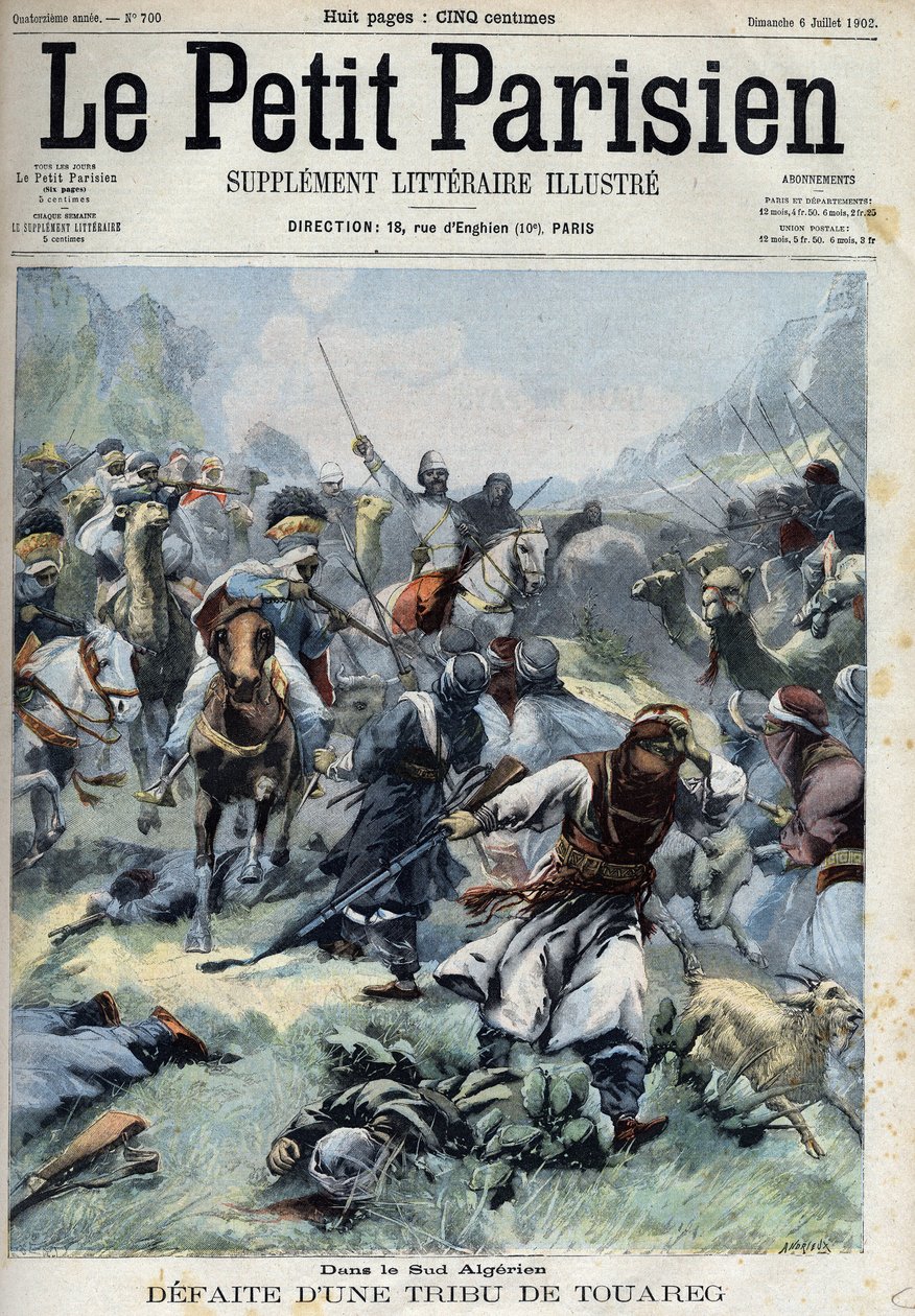 アルジェリア南部でトゥアレグ族をフランス軍と戦わせた（"Le petit Parisien "より）。 作： フランス語学校