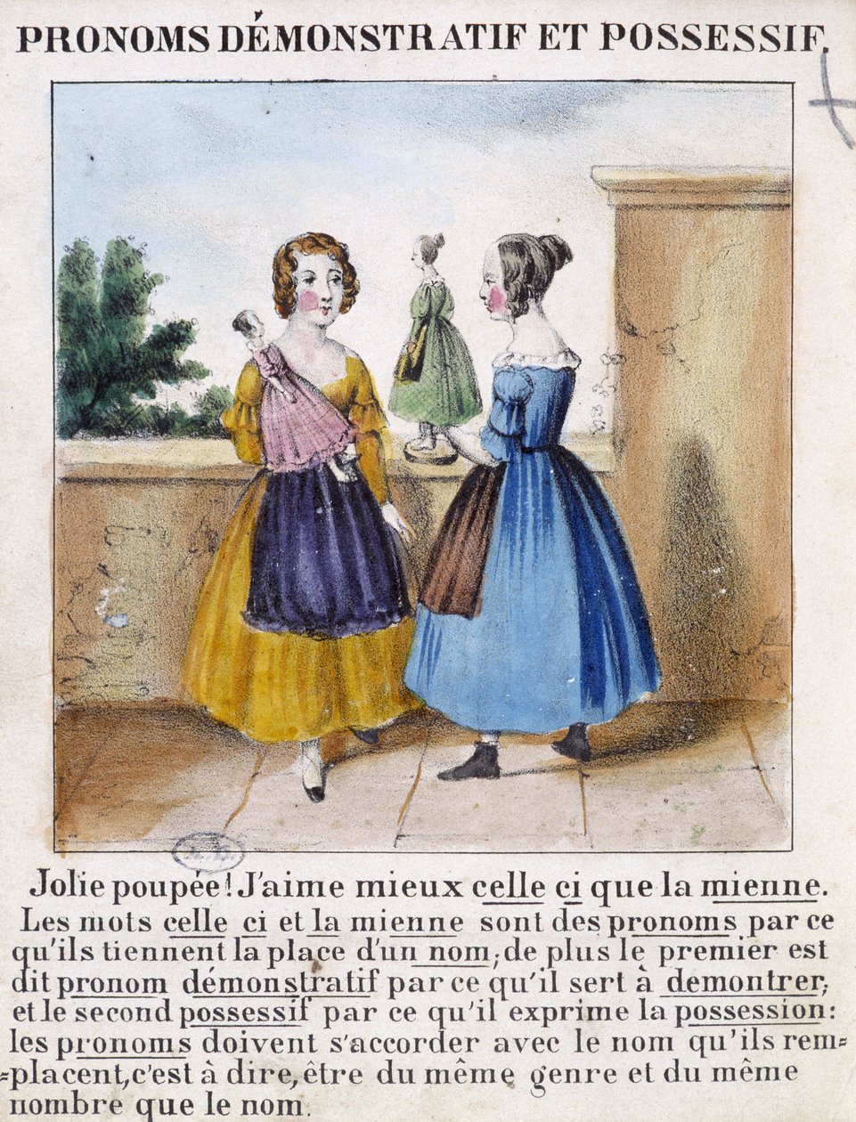 指示代名詞と所有代名詞（2人の女の子が人形で遊ぶ） - "La grammaire en images "にて 作： フランス語学校