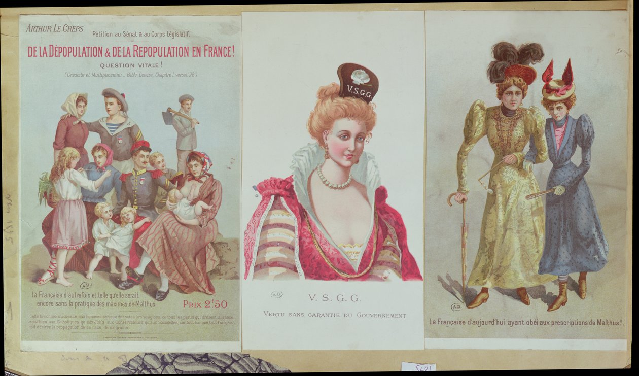 フランスの人口減少と人口増加、マルサス主義に反対するアーサールクレープの小冊子、1895年（カラー彫刻） 作： フランス語学校
