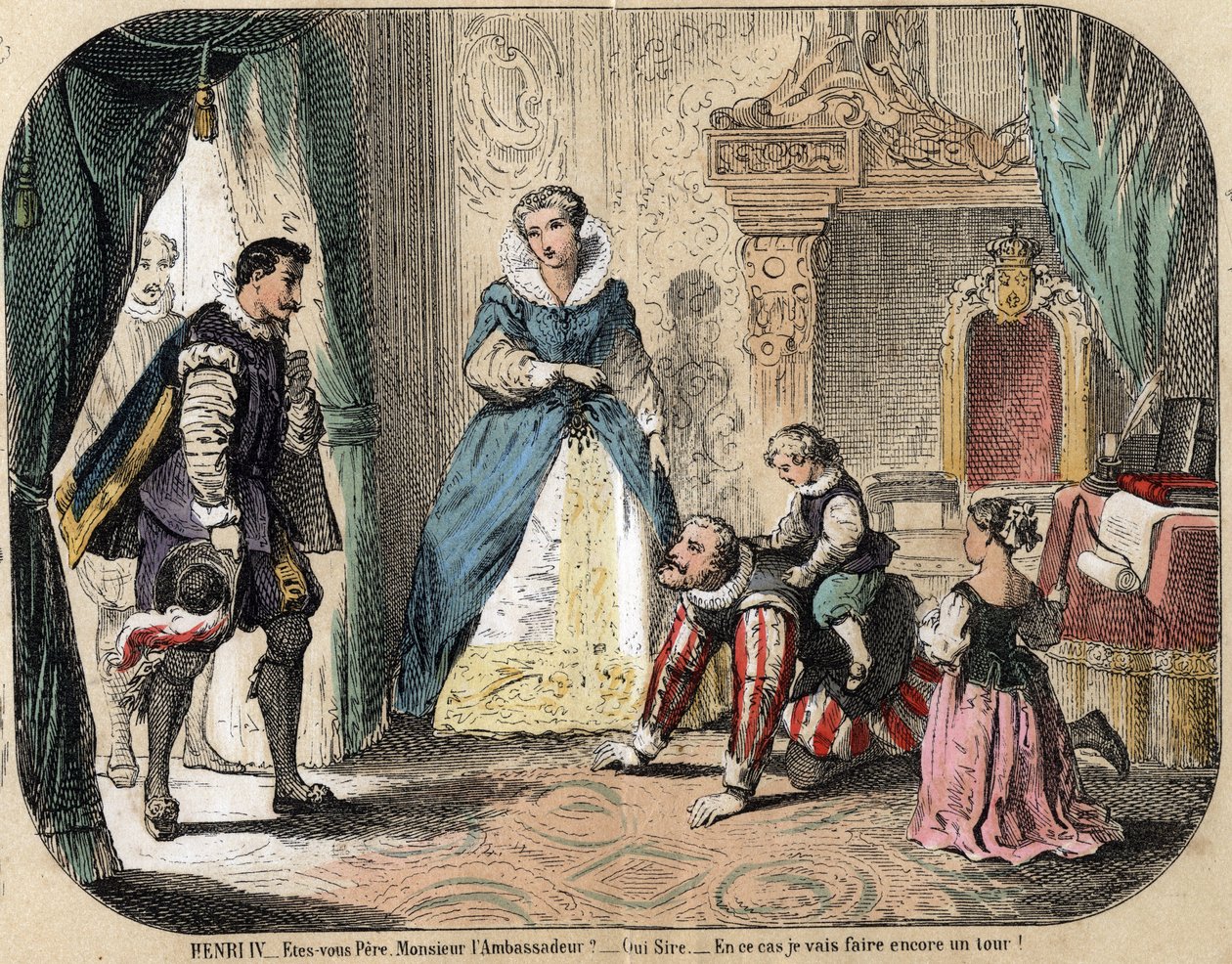 子供たちのレジャーや遊びについての説明。フランス王アンリ4世（1553-1610）が、スペイン大使の前で子供たち（おそらくフランスのルイ13世とエリザベート）と遊んでいる様子。メディシス王妃のメアリーも同席しています。プレート "les jeux de l