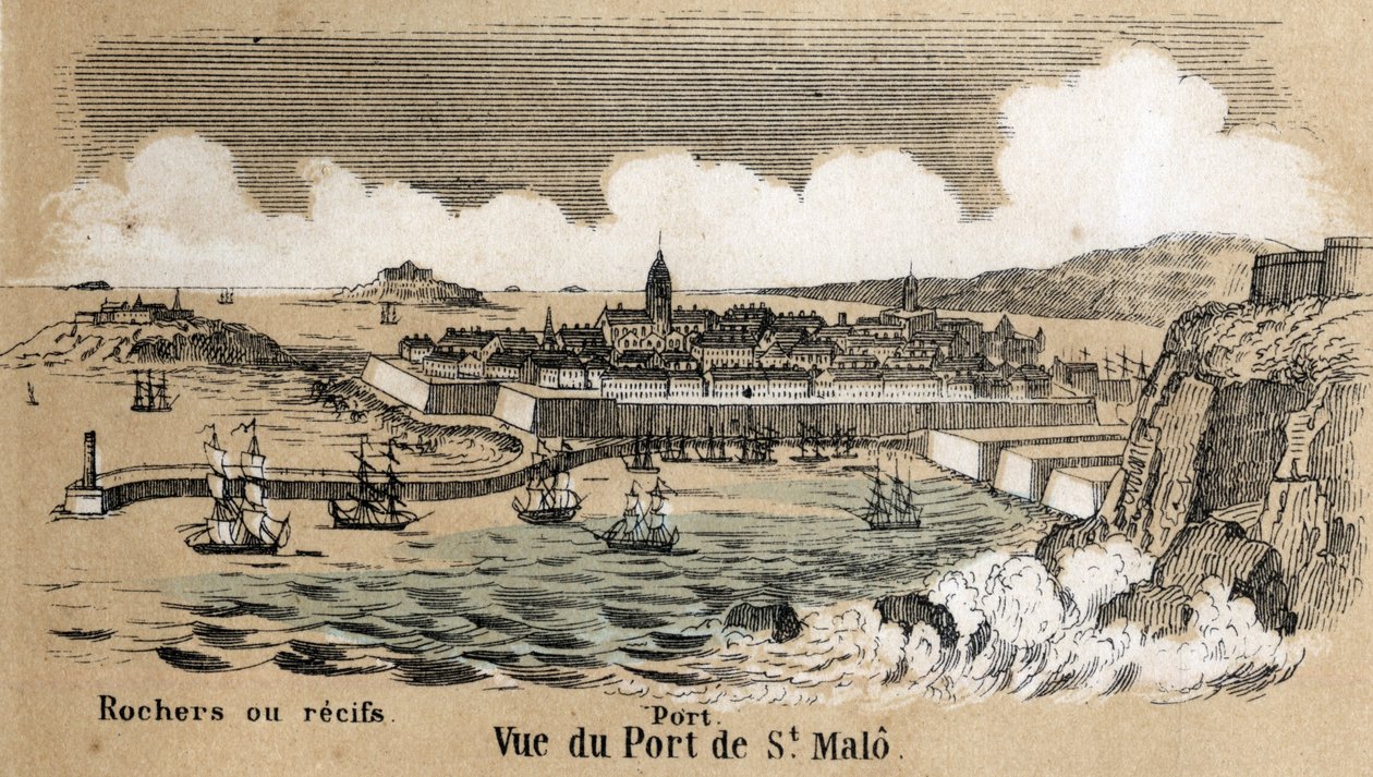 地理による風景やレリーフの種類の説明：ブルターニュ地方のサン・マロ（Saint-Malo）の港を描いたディテール。les Recreations instructives "のプレート "Physical Geography "ジュール・デルブリュックによる共観図、e 作： フランス語学校